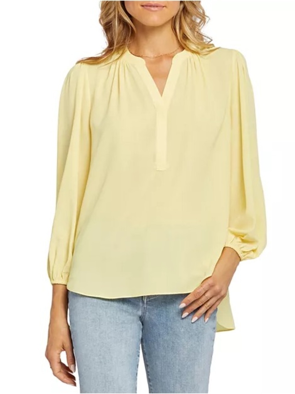 NYDJ Women’s Light Yellow V-Neck Long Sleeve Blouse Puff Sleeve Popover Size L